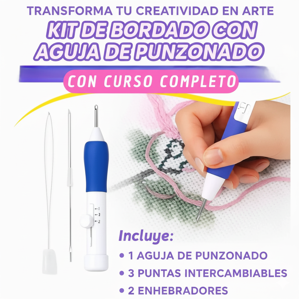Kit de Bordado + Curso Completo de Aguja de Punzonado + 4000 Patrones- Todo en Uno